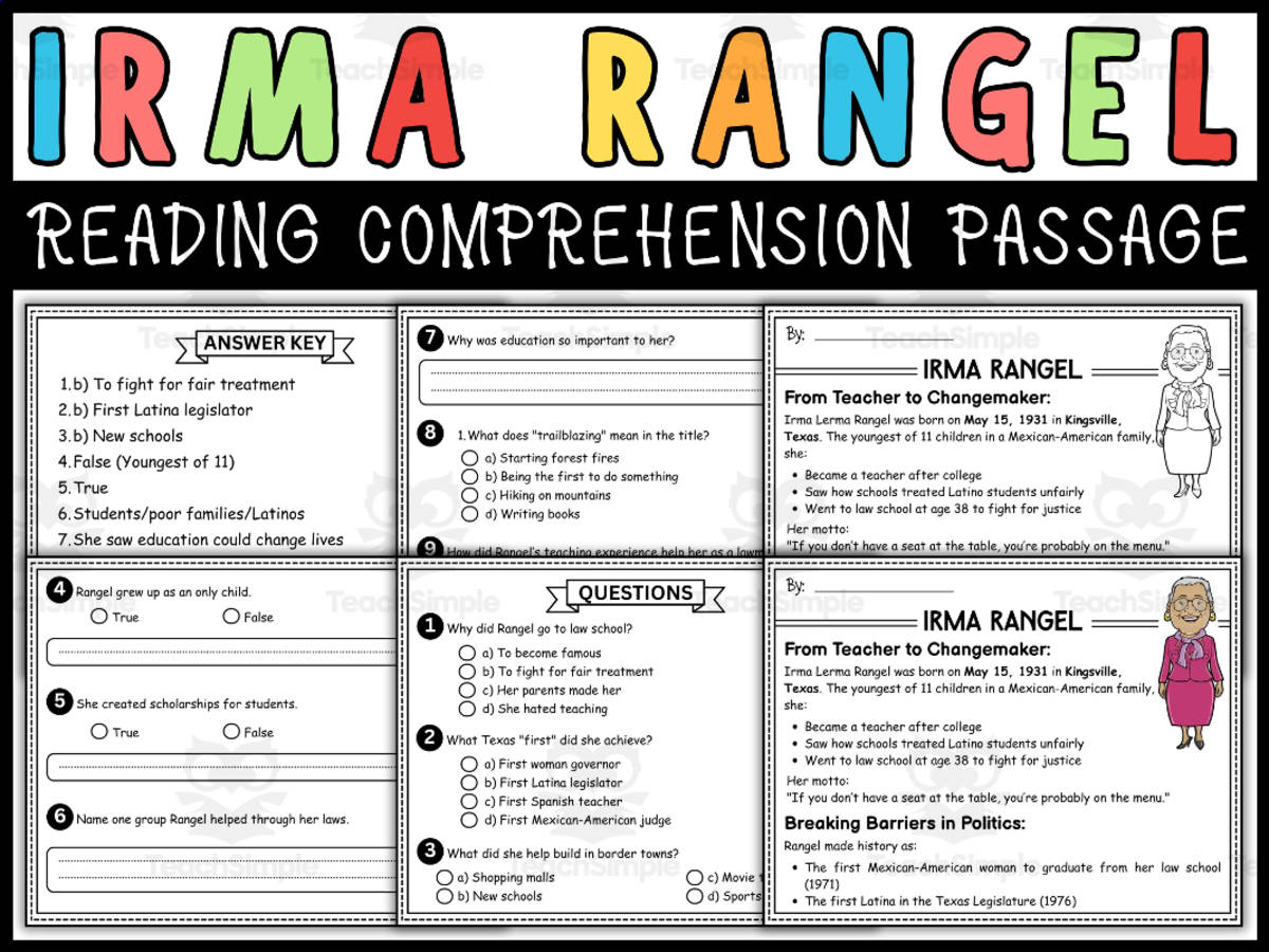 An educational teaching resource from Wonderland School entitled Hispanic Heritage Month Social Studies: Irma Rangel Passage downloadable at Teach Simple.