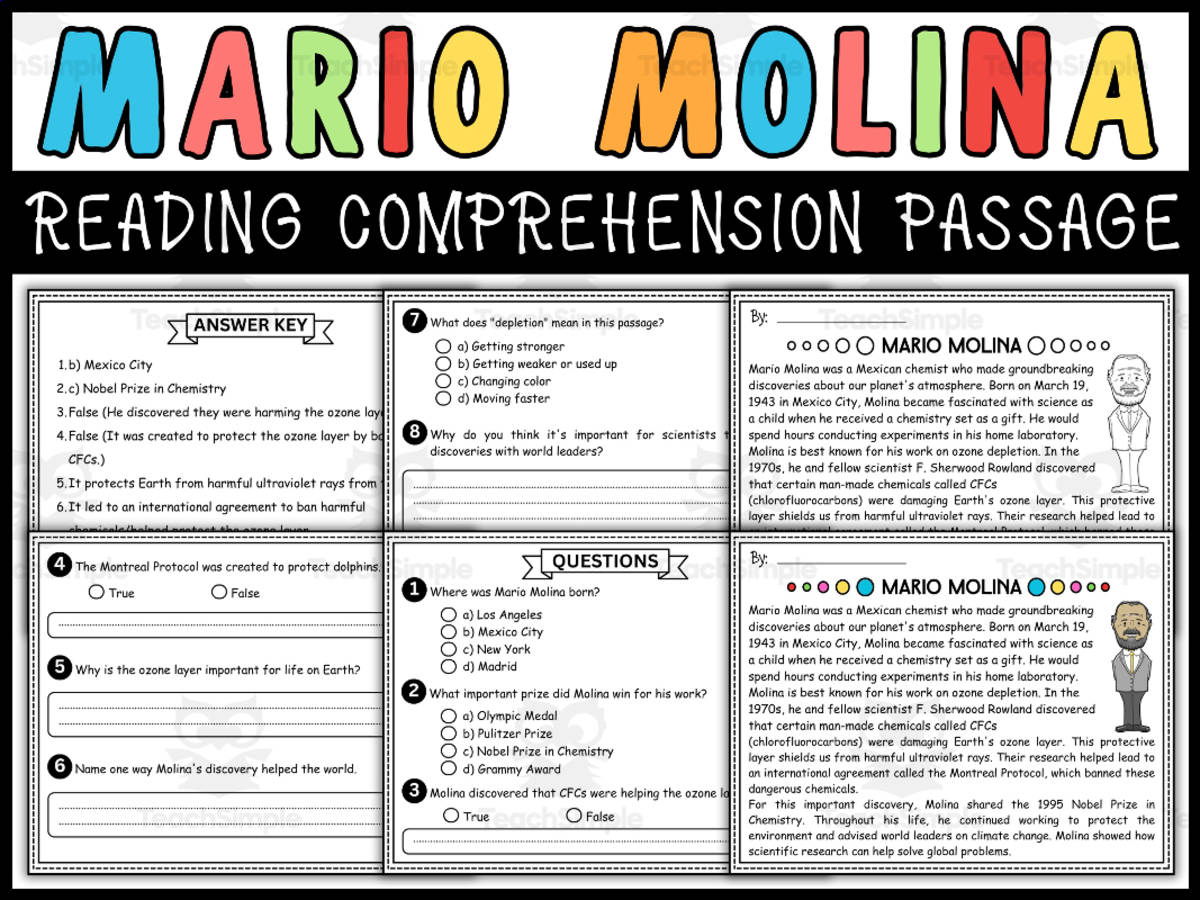 An educational teaching resource from Wonderland School entitled Hispanic Heritage Month Social Studies: Mario Molina Reading Passage downloadable at Teach Simple.