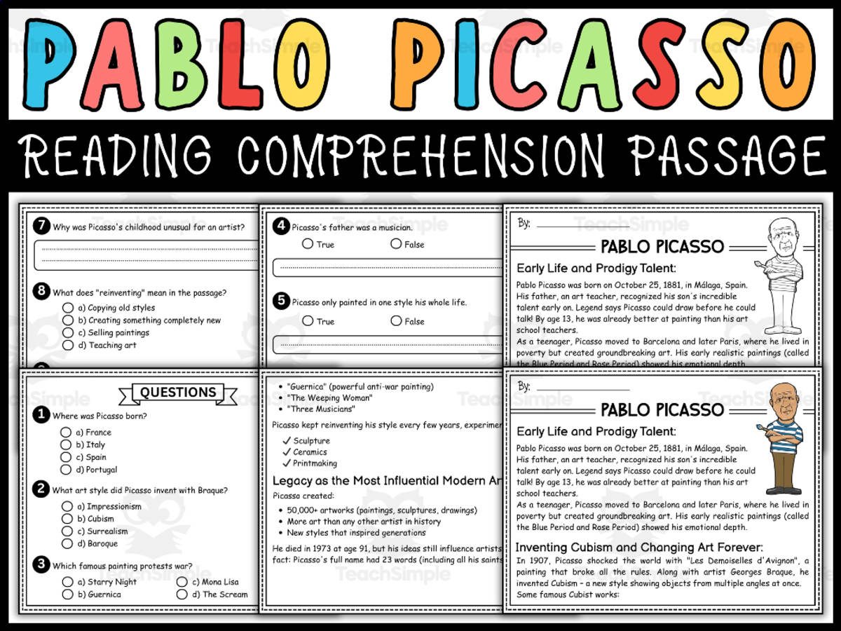 An educational teaching resource from Wonderland School entitled Hispanic Heritage Month Social Studies: Pablo Picasso Reading Passage downloadable at Teach Simple.