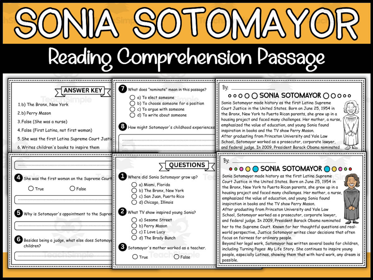An educational teaching resource from Wonderland School entitled Hispanic Heritage Month Social Studies: Sonia Sotomayor Reading downloadable at Teach Simple.
