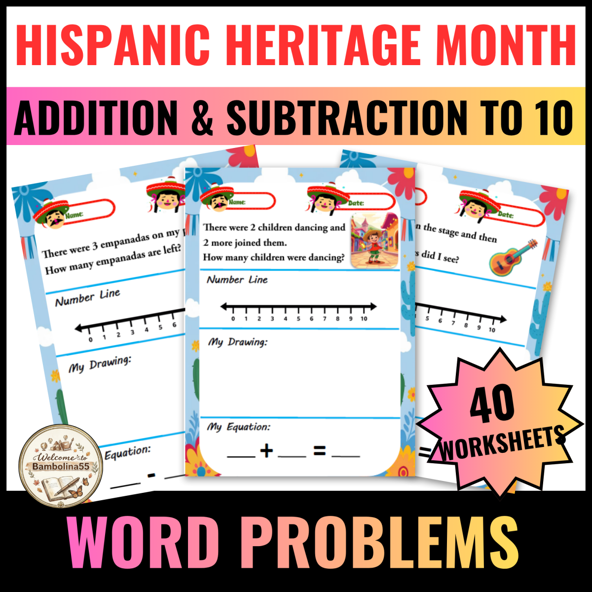 An educational teaching resource from Bambolina55 entitled Hispanic Heritage Month Word Problems Kindergarten Addition Subtract downloadable at Teach Simple.