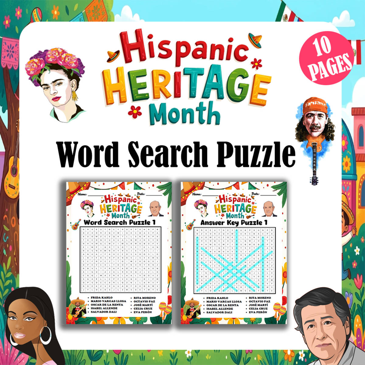 An educational teaching resource from Bambolina55 entitled Hispanic Heritage Month Word Search Puzzle Activity downloadable at Teach Simple.