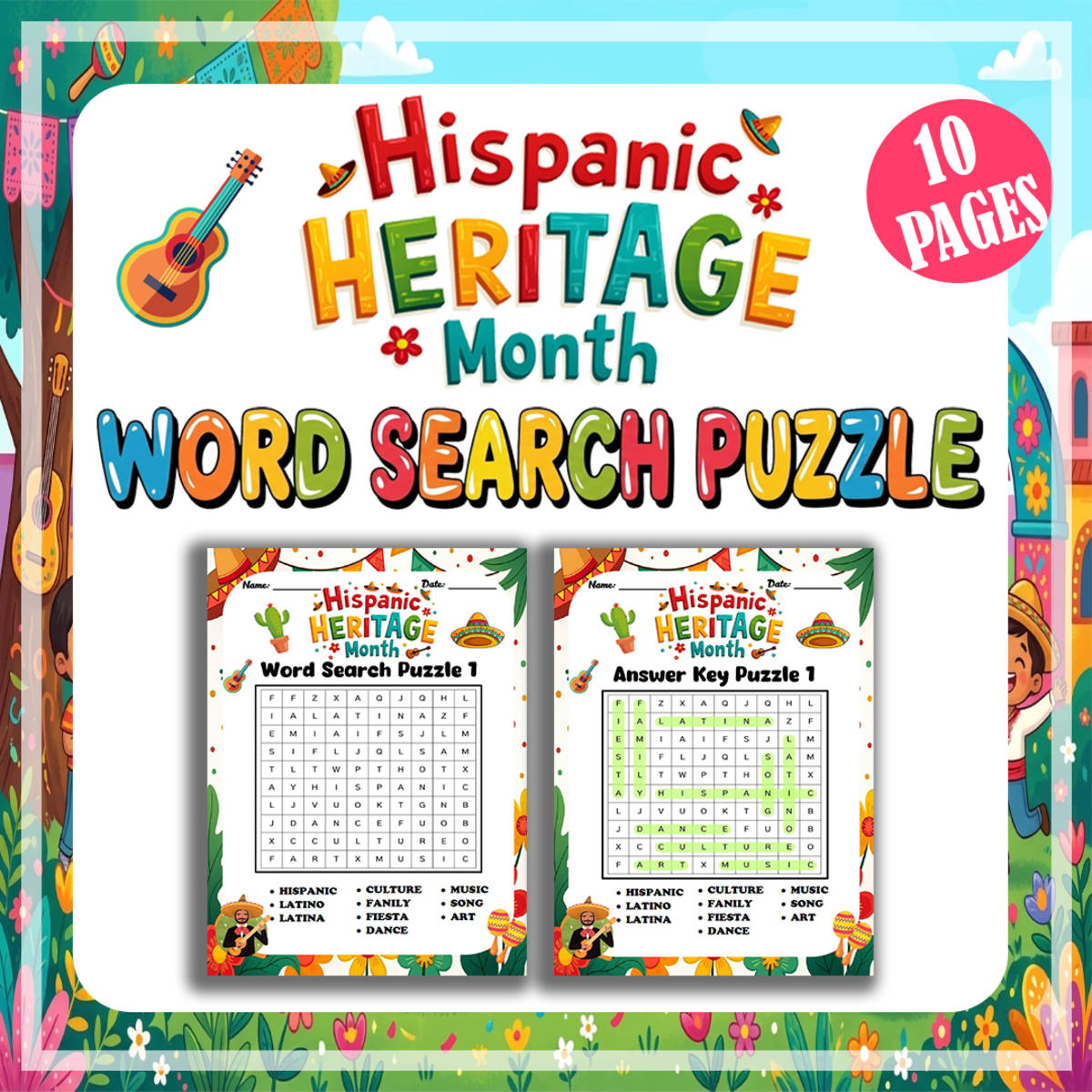 An educational teaching resource from Bambolina55 entitled Hispanic Heritage Month Word Search Puzzle for kindergarten downloadable at Teach Simple.