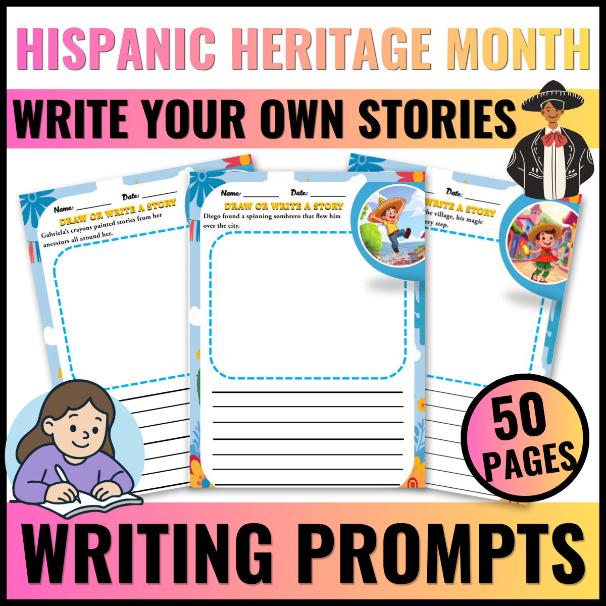 An educational teaching resource from Bambolina55 entitled Hispanic Heritage Month Writing Prompts Write Your Own Stories downloadable at Teach Simple.