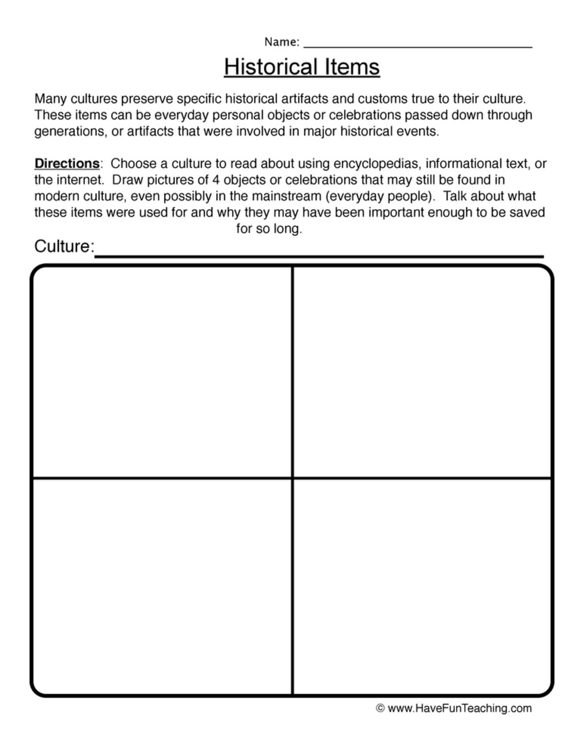 An educational teaching resource from Have Fun Teaching entitled Historical Items Worksheet downloadable at Teach Simple.