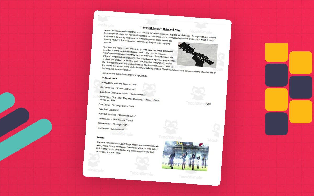 An educational teaching resource from High School Economics and History entitled Historical Protest Songs downloadable at Teach Simple.