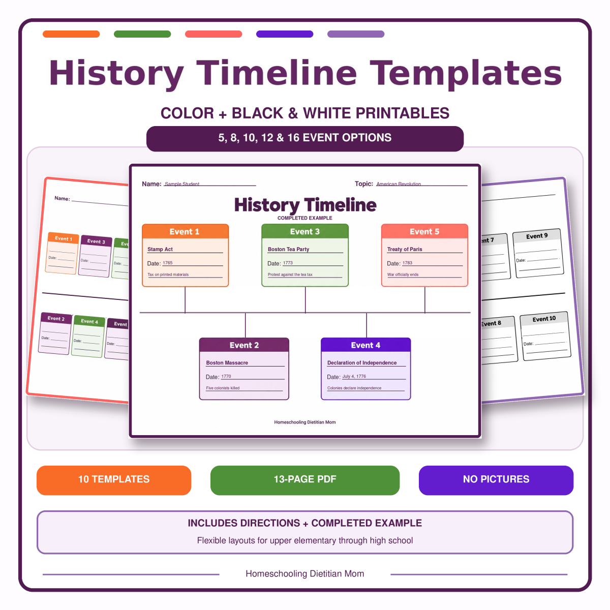 An educational teaching resource from Homeschooling Dietitian Mom entitled History Timeline Templates | Color and Black & White PDF downloadable at Teach Simple.
