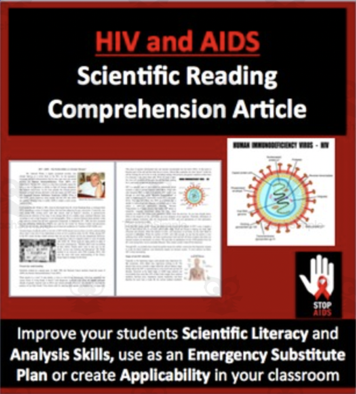 An educational teaching resource from Teach With Fergy entitled HIV and AIDS Reading Comprehension Article downloadable at Teach Simple.