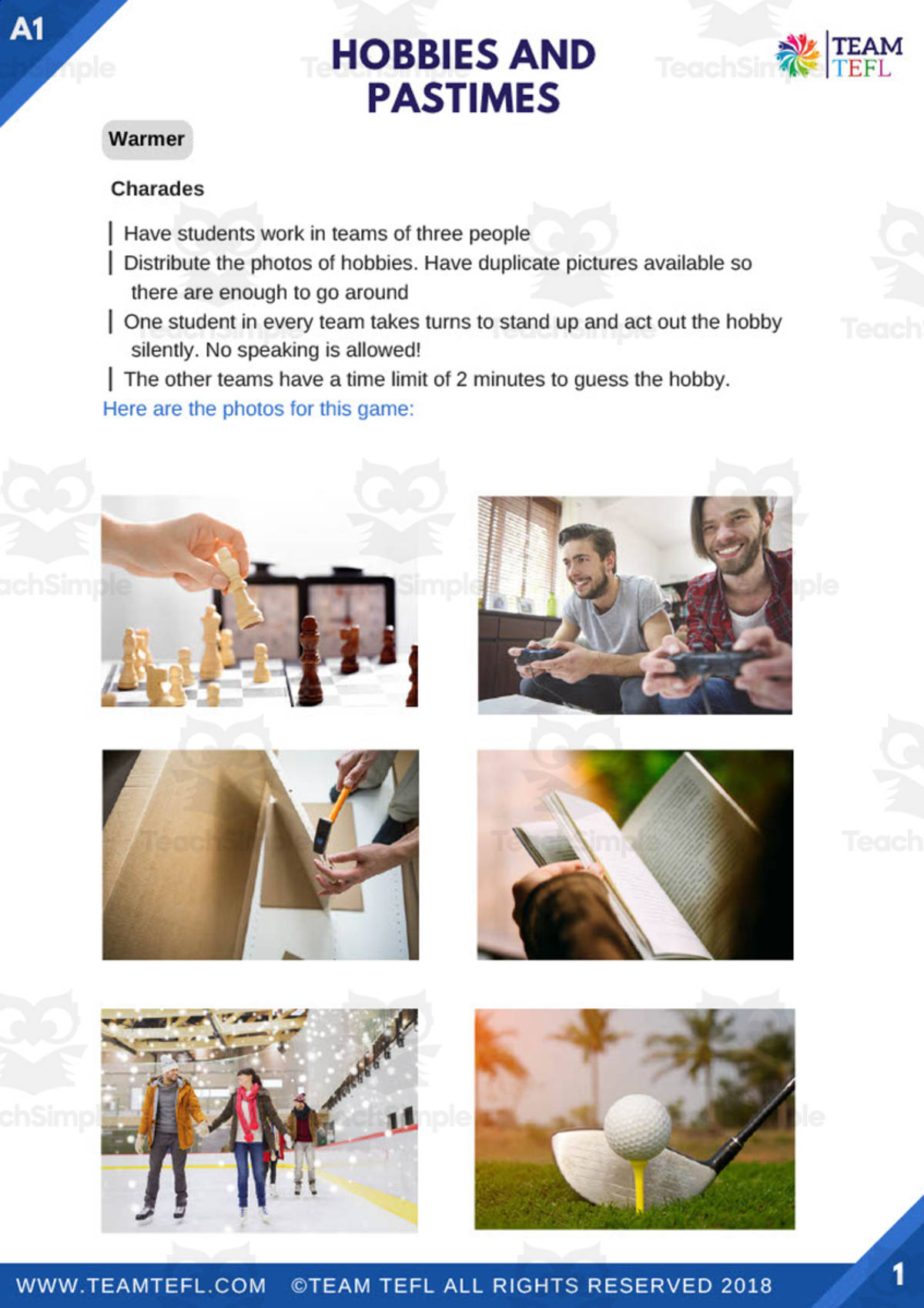 An educational teaching resource from TEAM TEFL entitled Hobbies and Pastimes | Beginner Lesson Plan downloadable at Teach Simple.