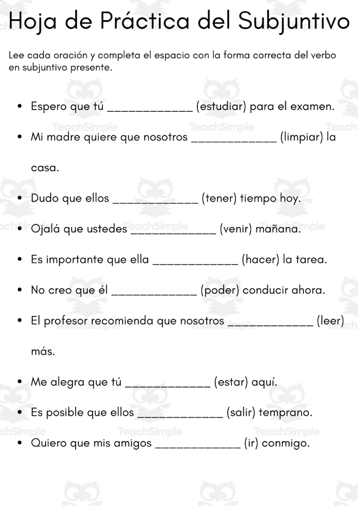 An educational teaching resource from MultiLingual Grammar Lab entitled Spanish subjunctive practice worksheet - Hoja de Práctica del Subjunti downloadable at Teach Simple.