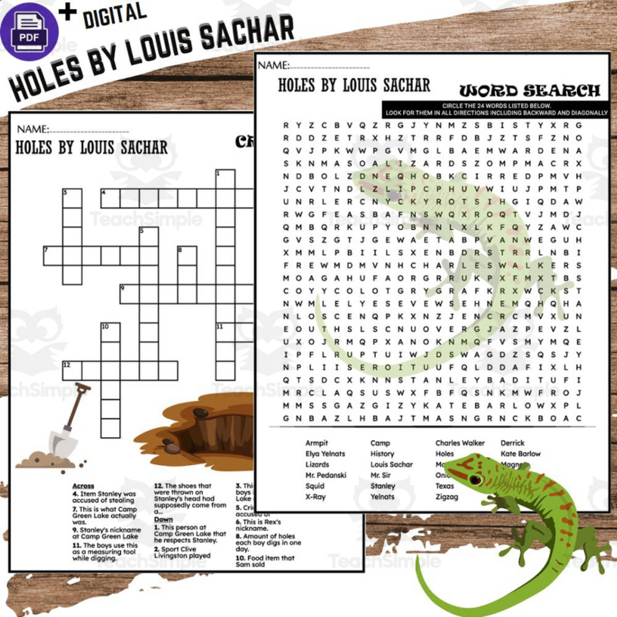 An educational teaching resource from Funnyworksheets entitled HOLES by Louis Sachar Fun Worksheets Novel Study - Puzzles downloadable at Teach Simple.