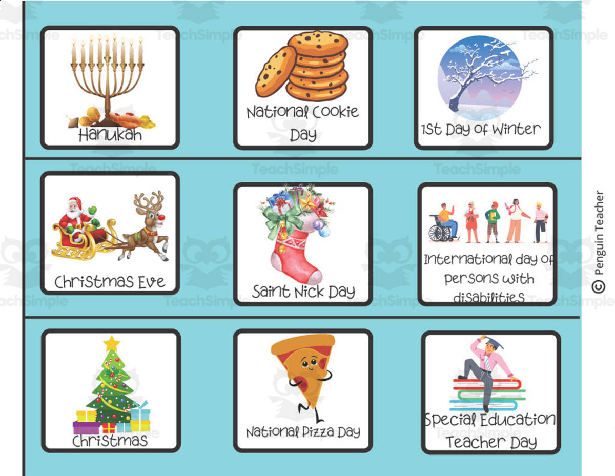 An educational teaching resource from Penguin Teacher Store entitled Holiday Card Calendar Pieces downloadable at Teach Simple.