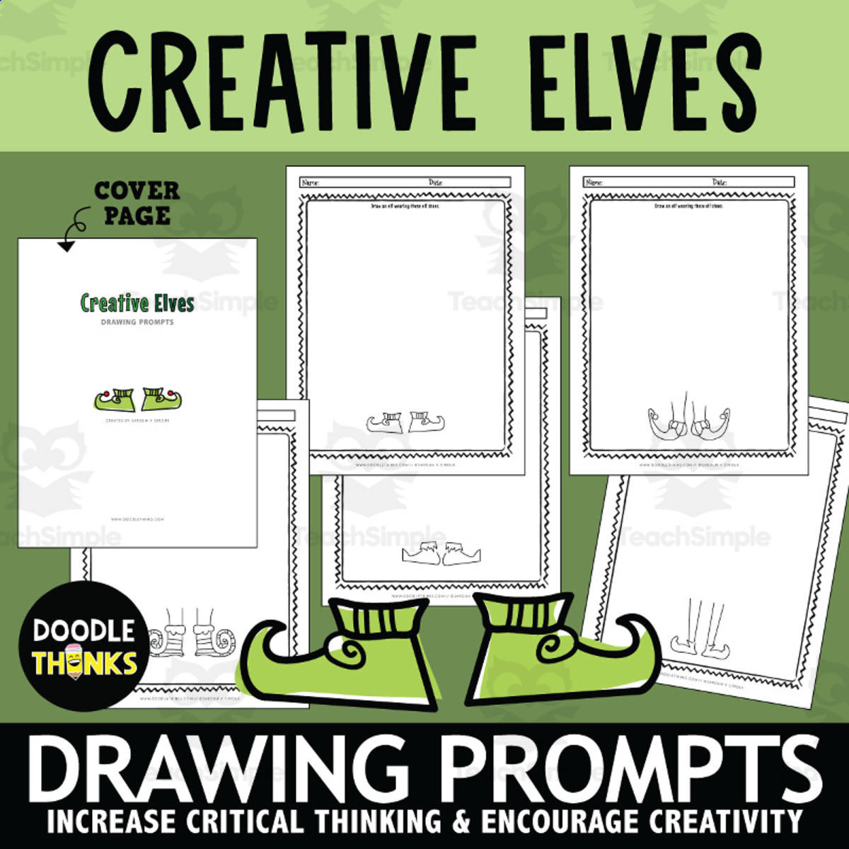An educational teaching resource from Doodle Thinks entitled Holiday Elf Art Prompts | Christmas Drawing Activity for Students downloadable at Teach Simple.