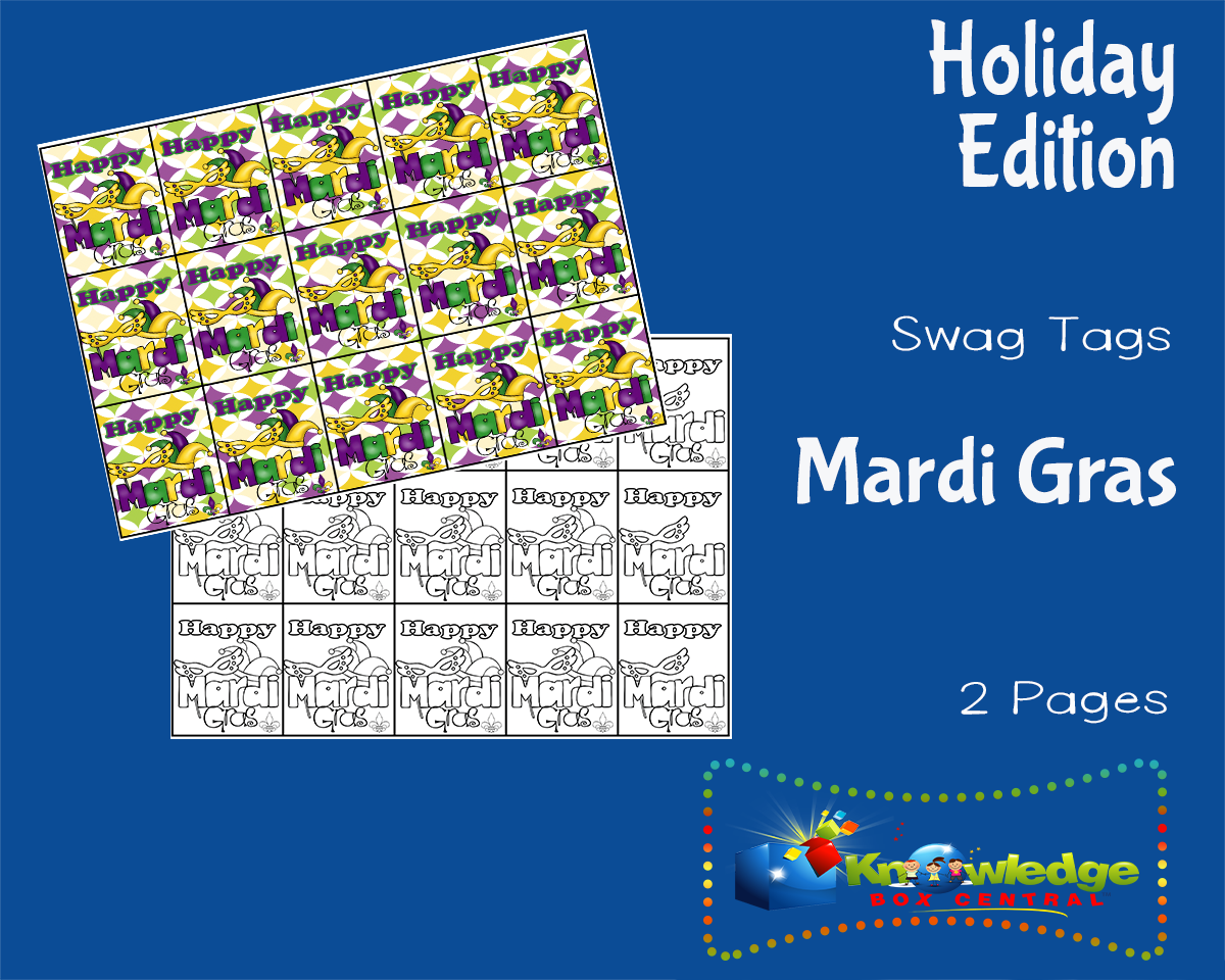 An educational teaching resource from Knowledge Box Central entitled Holiday Swag Tags: Mardi Gras downloadable at Teach Simple.