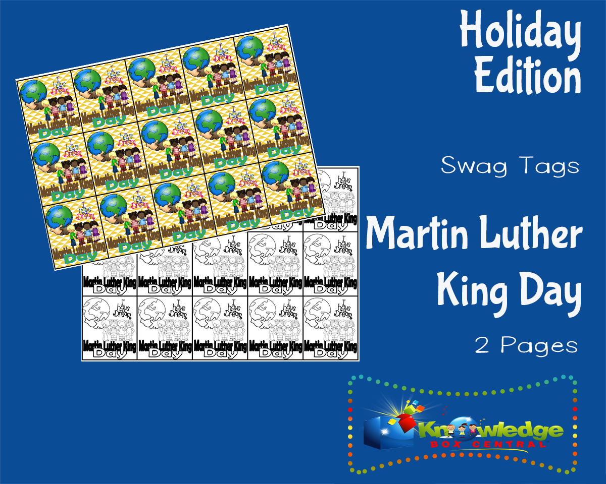 An educational teaching resource from Knowledge Box Central entitled Holiday Swag Tags: Martin Luther King Day downloadable at Teach Simple.