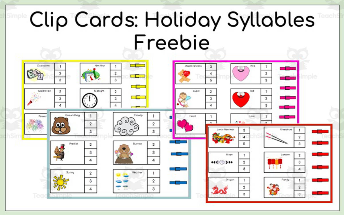 An educational teaching resource from A Day In Elementary entitled Holiday Syllables Clip Cards Freebie downloadable at Teach Simple.