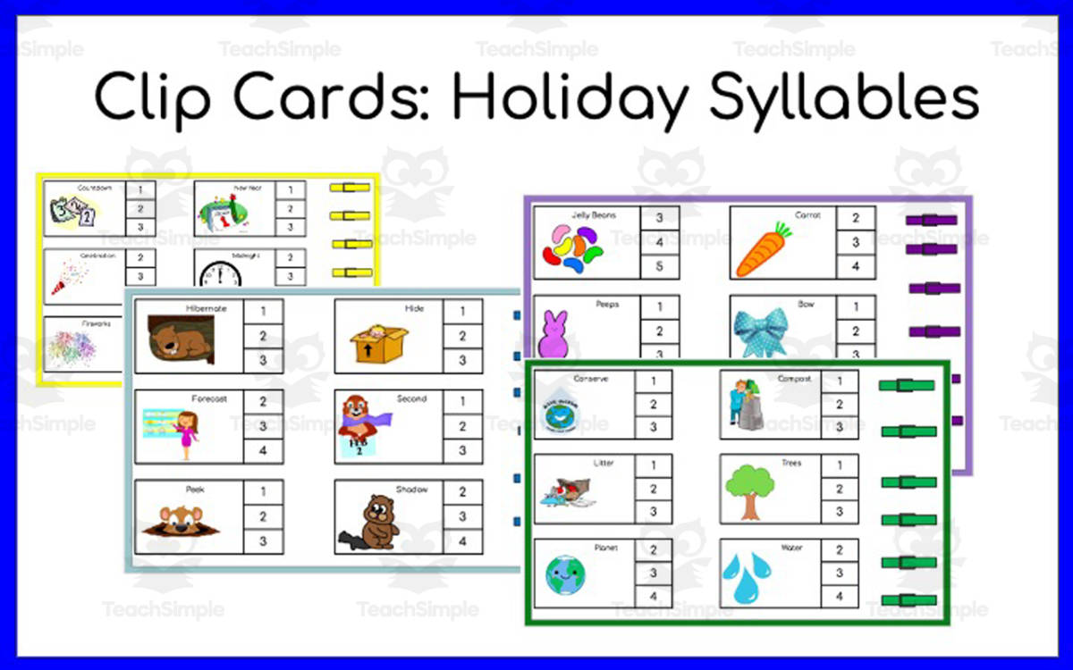 An educational teaching resource from A Day In Elementary entitled Holiday Syllables Clip Cards Part 2 downloadable at Teach Simple.