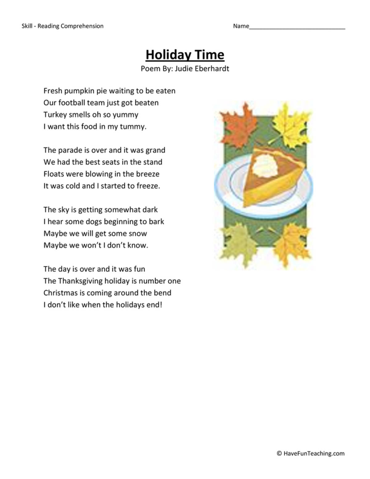 An educational teaching resource from Have Fun Teaching entitled Holiday Time - Reading Comprehension Worksheet downloadable at Teach Simple.