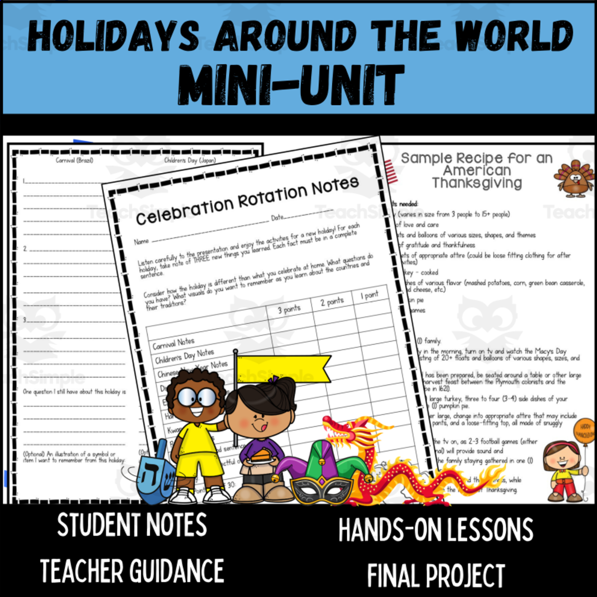 An educational teaching resource from Kel's Klass entitled Holidays Around the World Mini Unit (Nonfiction & Global Studies) downloadable at Teach Simple.