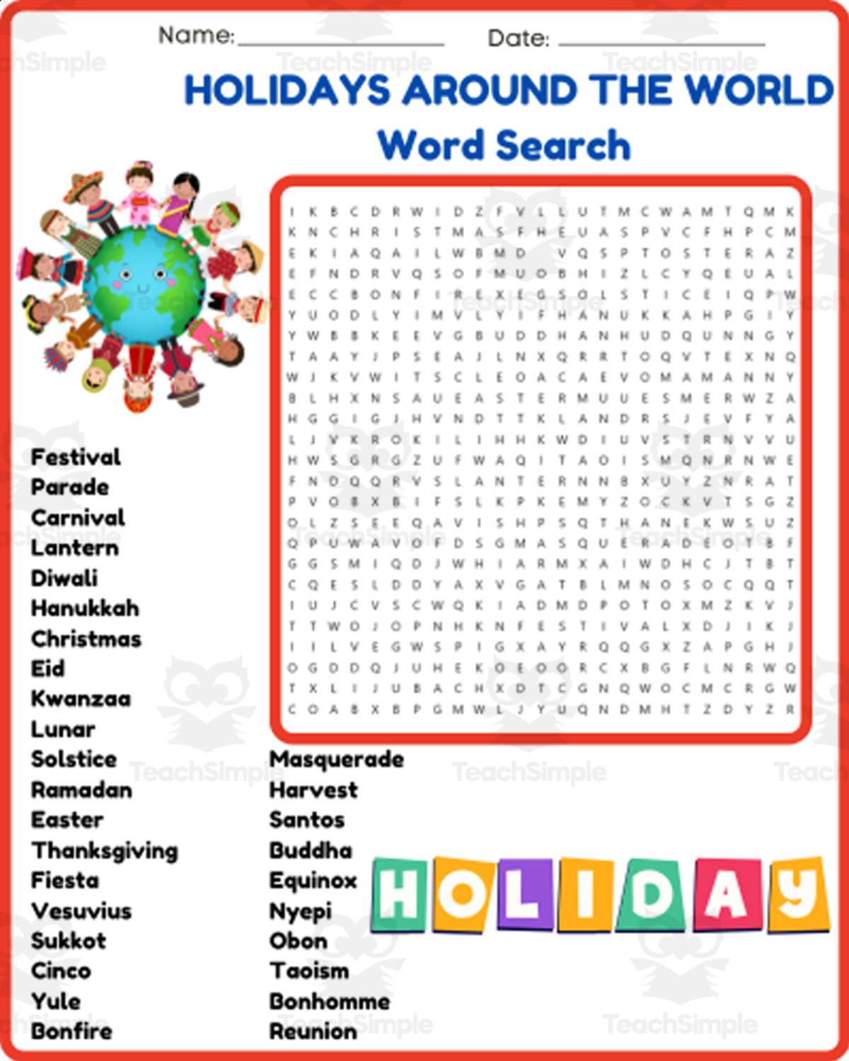 An educational teaching resource from space shope entitled HOLIDAYS AROUND THE WORLD Word Search Puzzle downloadable at Teach Simple.