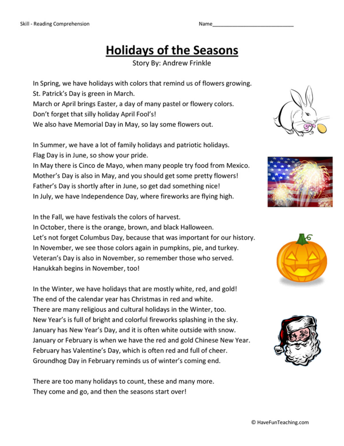 An educational teaching resource from Have Fun Teaching entitled Holidays by Season - Reading Comprehension Worksheet downloadable at Teach Simple.