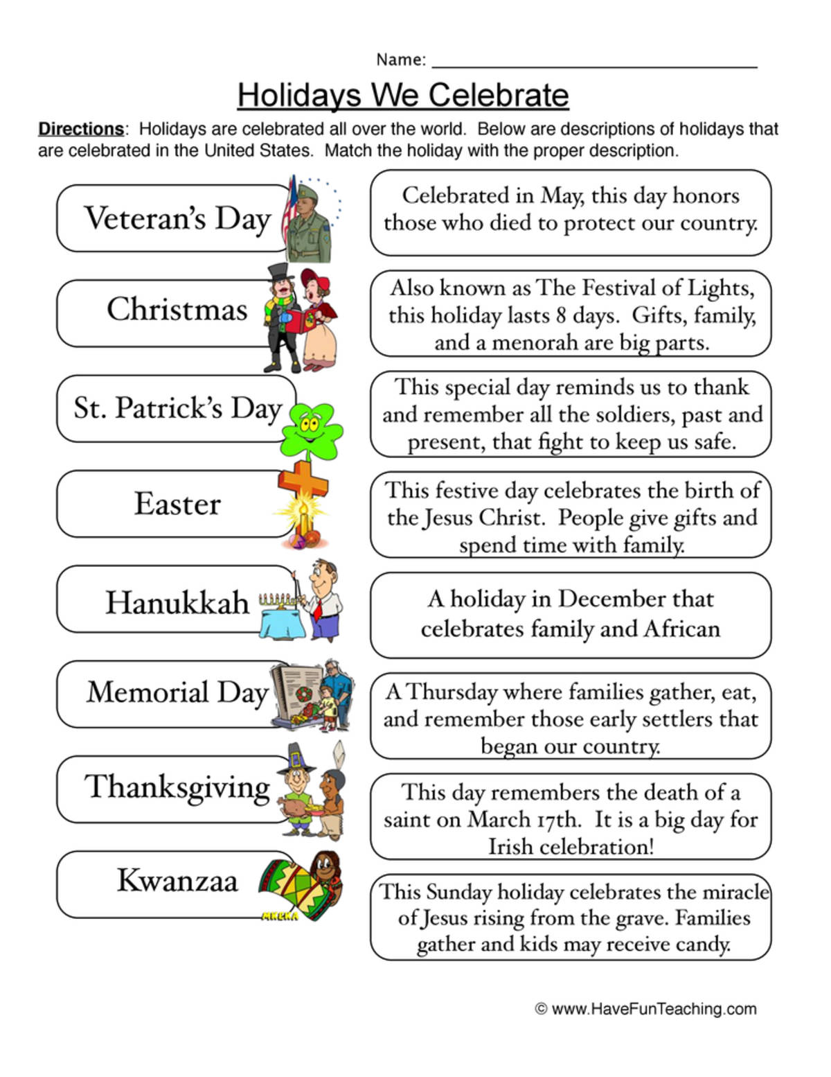 An educational teaching resource from Have Fun Teaching entitled Holidays Match Worksheet downloadable at Teach Simple.