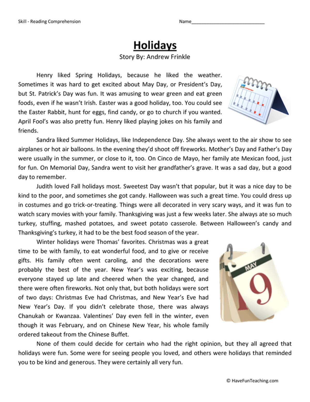 An educational teaching resource from Have Fun Teaching entitled Holidays - Reading Comprehension Worksheet downloadable at Teach Simple.