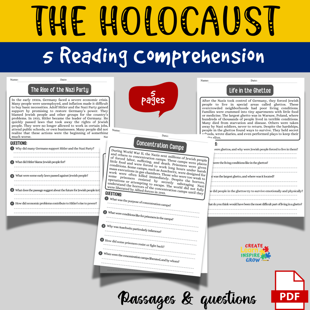 An educational teaching resource from Sadigitalart entitled Holocaust Reading Comprehension Passages & Questions | WWII History wo downloadable at Teach Simple.