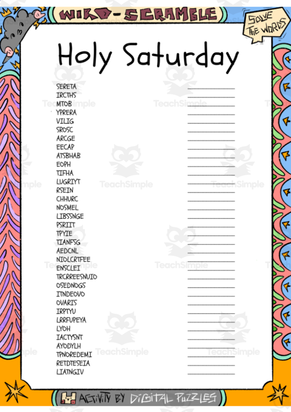 An educational teaching resource from Lapiiin Art Activities entitled Holy Saturday word Scramble puzzle worksheet downloadable at Teach Simple.