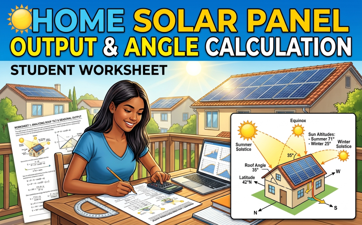 An educational teaching resource from Creative Book Store entitled Home Solar Panel Output & Angle Calculation downloadable at Teach Simple.