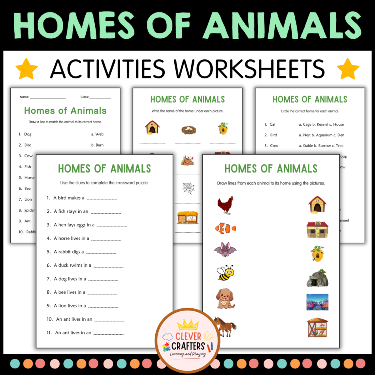 An educational teaching resource from Clever Crafters entitled Homes of Animals Activity Worksheets for Grade 2, 3, 4 downloadable at Teach Simple.