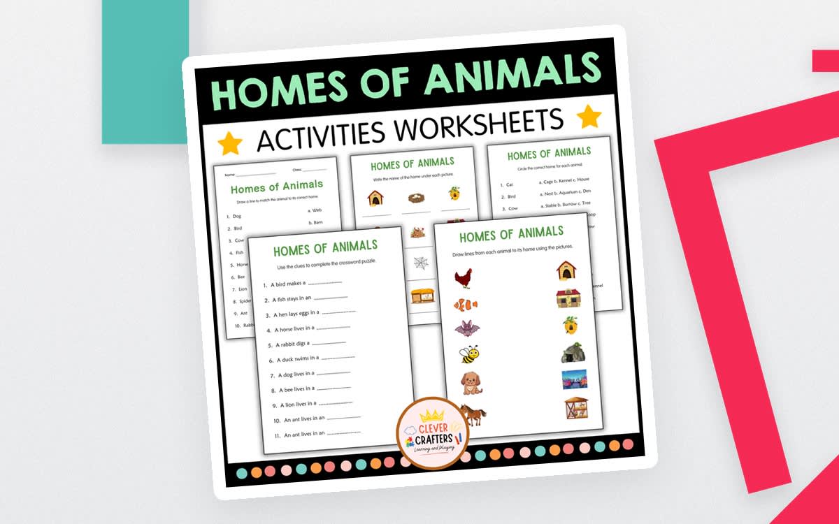 An educational teaching resource from Clever Crafters entitled Homes of Animals Activity Worksheets for Grade 2, 3, 4 downloadable at Teach Simple.