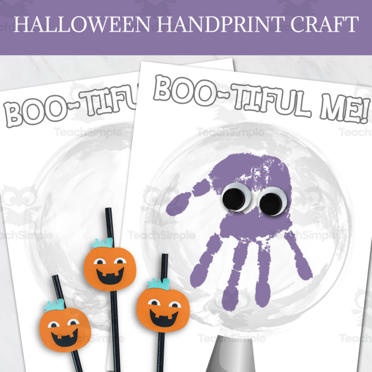 An educational teaching resource from Forever June Digital Design entitled Homeschool Bulletin Board Art: Halloween Handprint Crafts downloadable at Teach Simple.