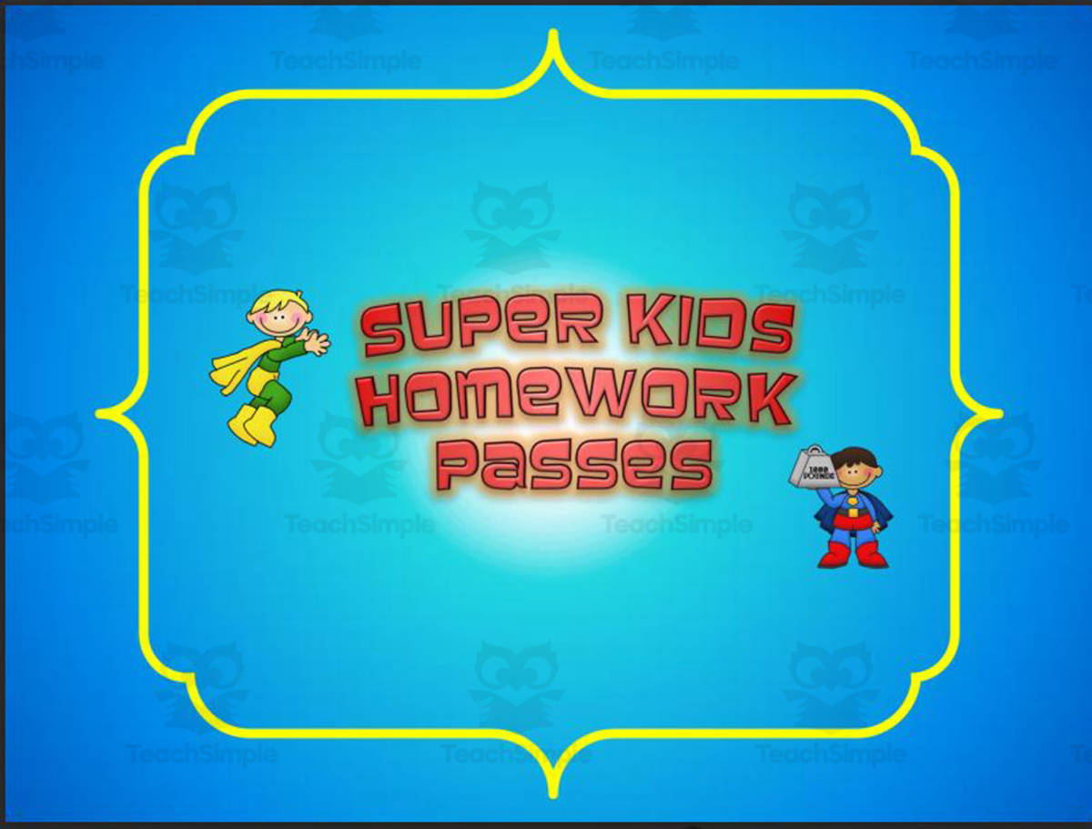 An educational teaching resource from Super Teacher Tactics entitled Homework Passes: Super Kids theme downloadable at Teach Simple.