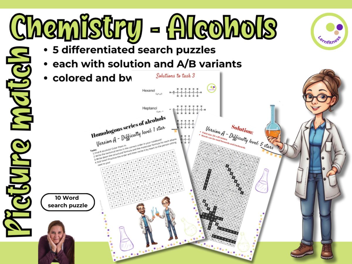 An educational teaching resource from Lernfitness entitled Homologous Series of Alcohols – Word Search Activity (Differentiated) downloadable at Teach Simple.