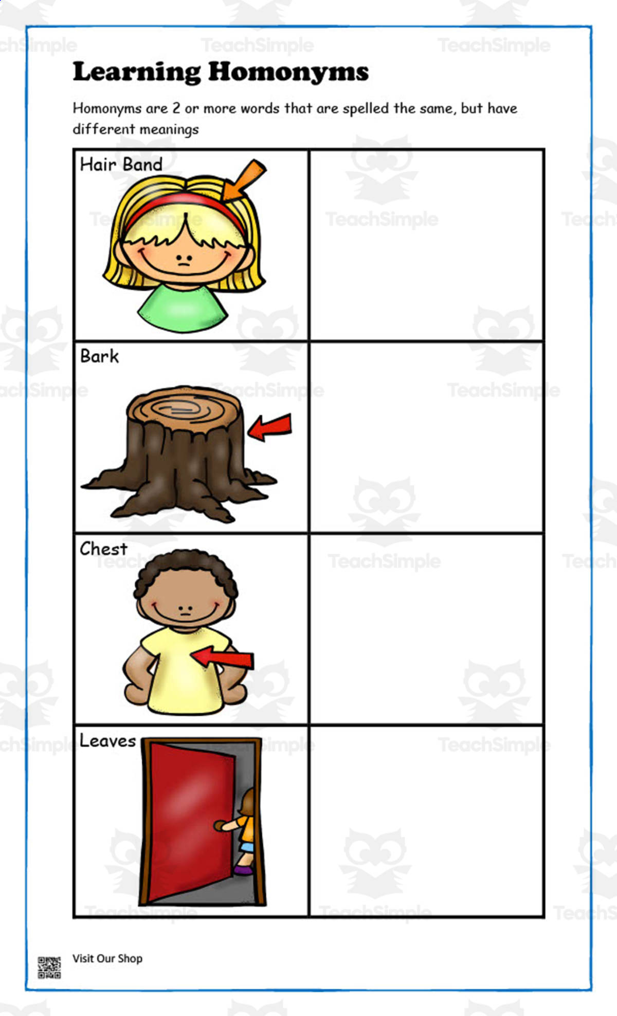 An educational teaching resource from KD's Kids School Shop entitled Homonyms Practice Worksheet downloadable at Teach Simple.