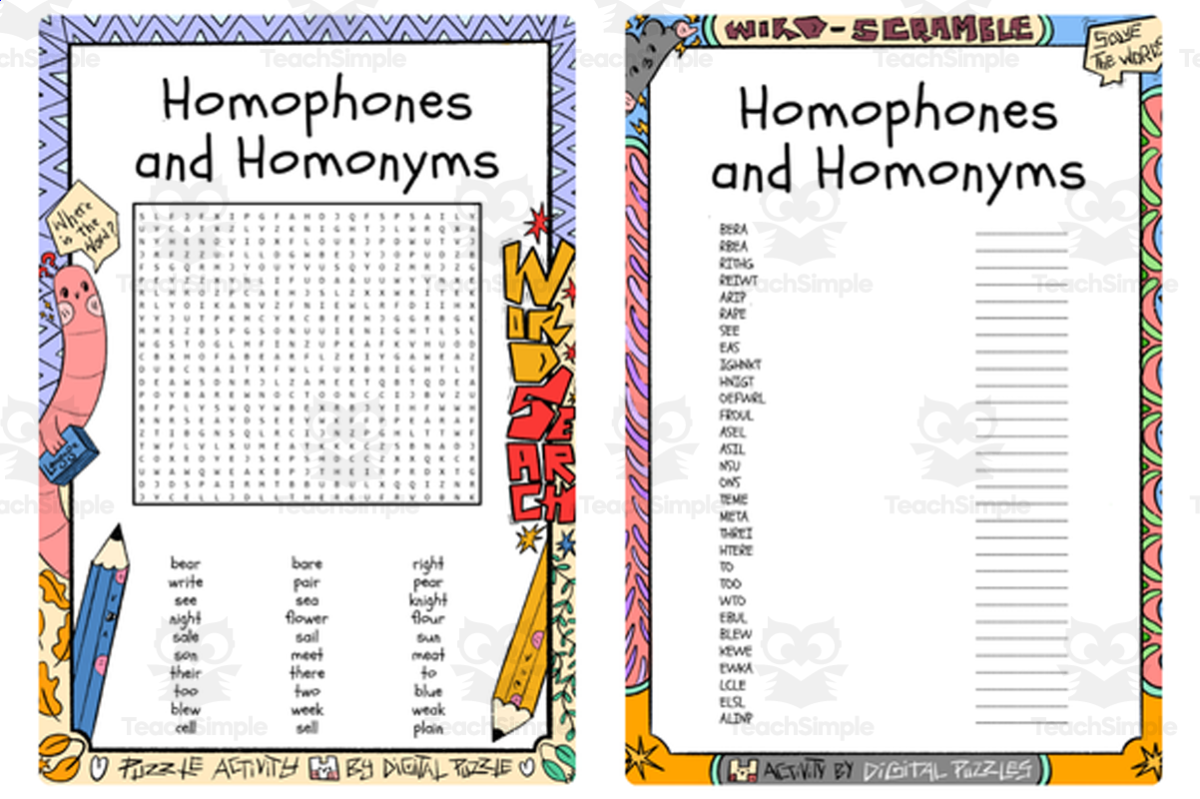 An educational teaching resource from Lapiiin Art Activities entitled Homophones and Homonyms word search & scramble downloadable at Teach Simple.