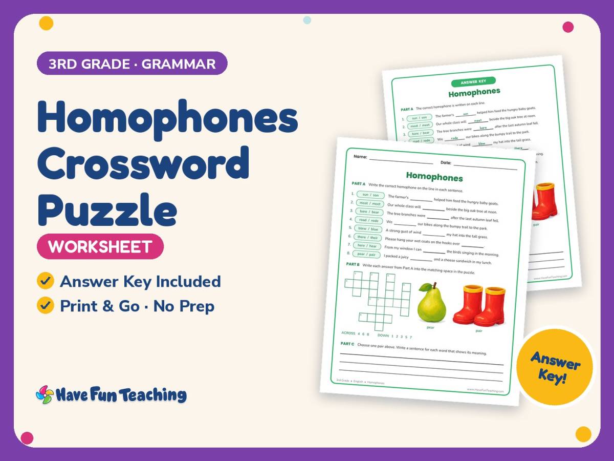 Homophones Crossword Puzzle Worksheet – 3rd Grade Grammar Practice preview
