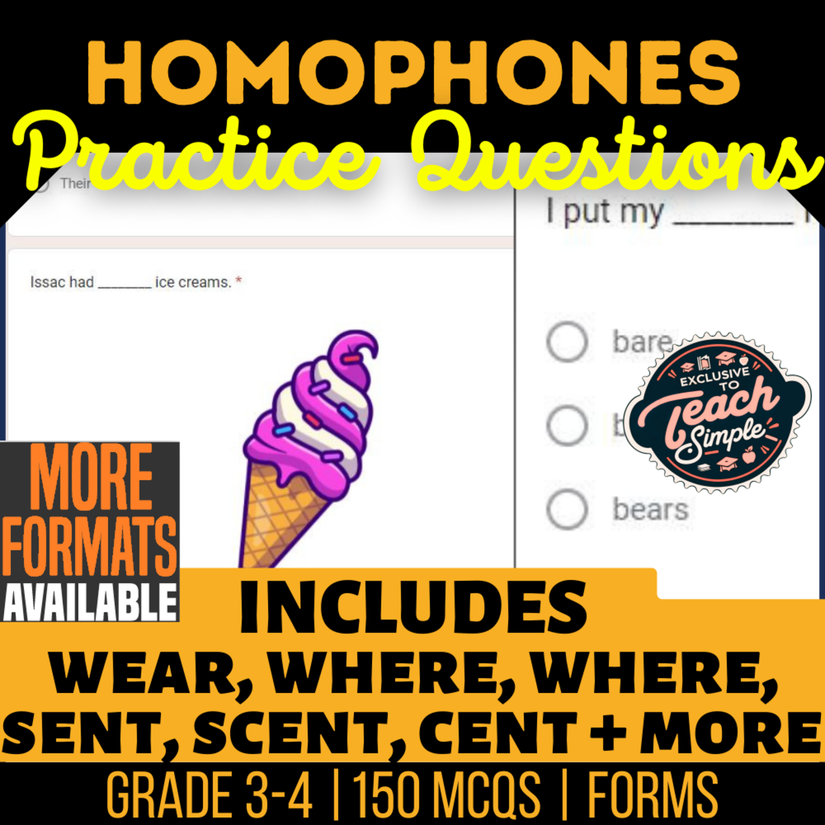 An educational teaching resource from Cored Education entitled Homophones Practice Questions - Vocabulary Grade 3-4 (Forms) downloadable at Teach Simple.