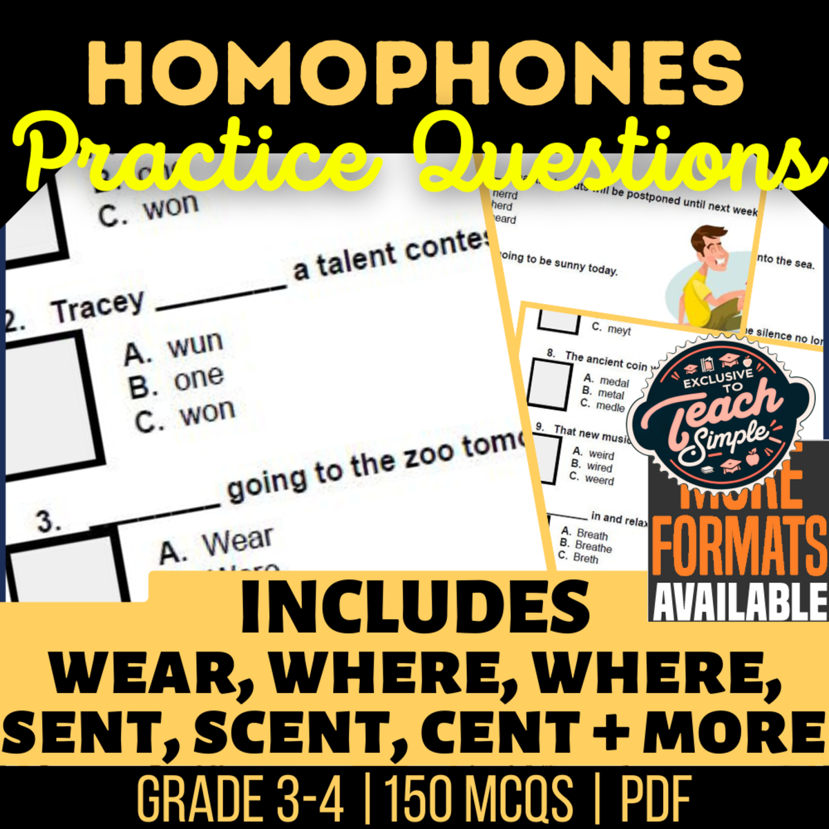 An educational teaching resource from Cored Education entitled Homophones Practice Questions - Vocabulary Grade 3-4 (PDF) downloadable at Teach Simple.