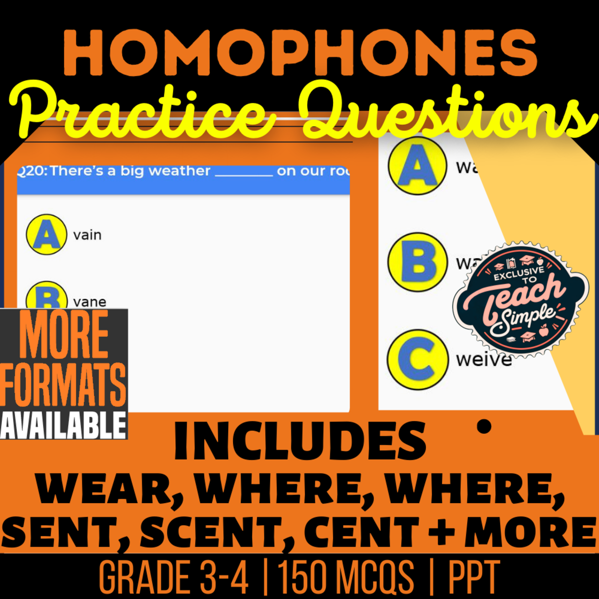 An educational teaching resource from Cored Education entitled Homophones Practice Questions - Vocabulary Grade 3-4 (PPT) downloadable at Teach Simple.