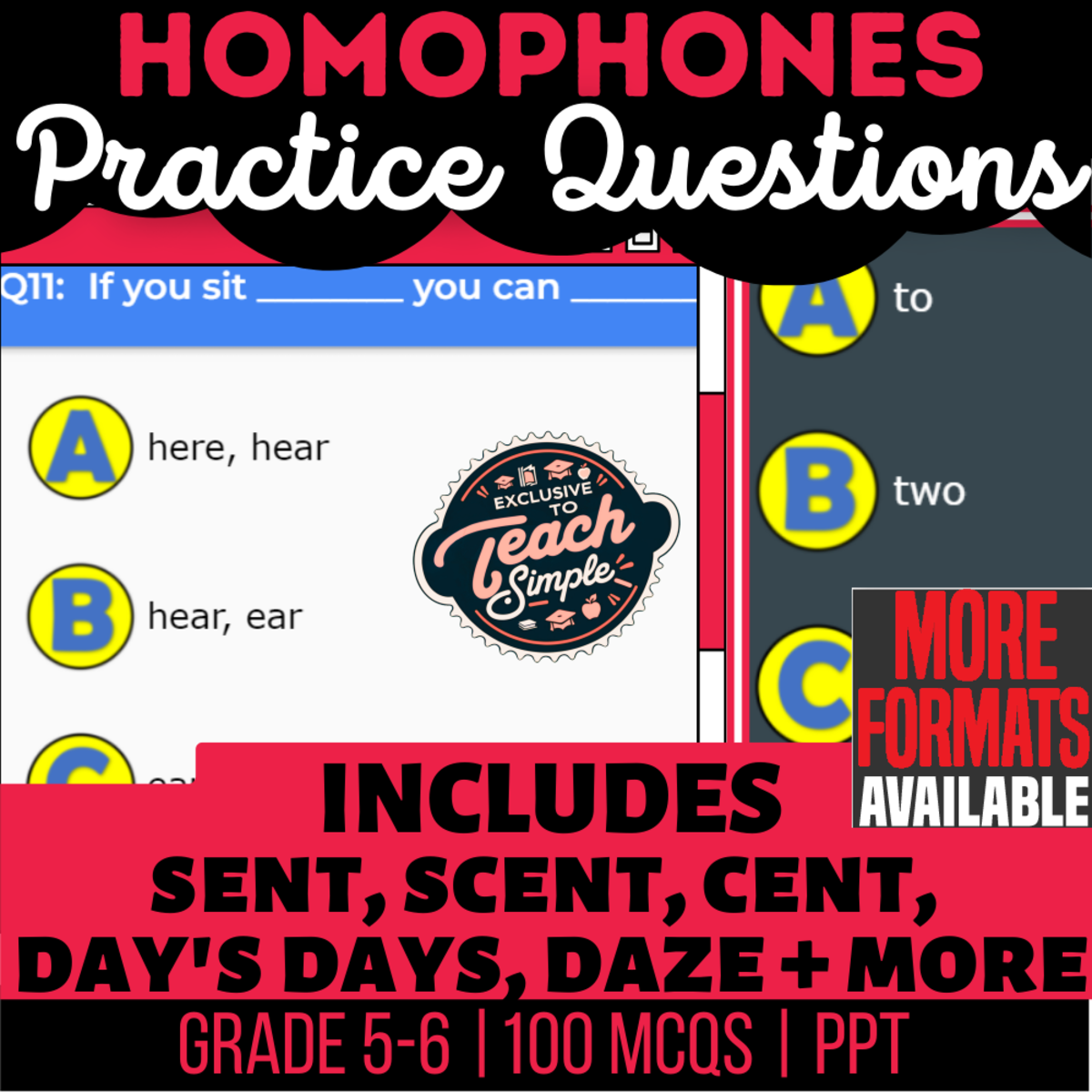 An educational teaching resource from Cored Education entitled Homophones Practice Questions - Vocabulary Grade 5-6 (PPT) downloadable at Teach Simple.