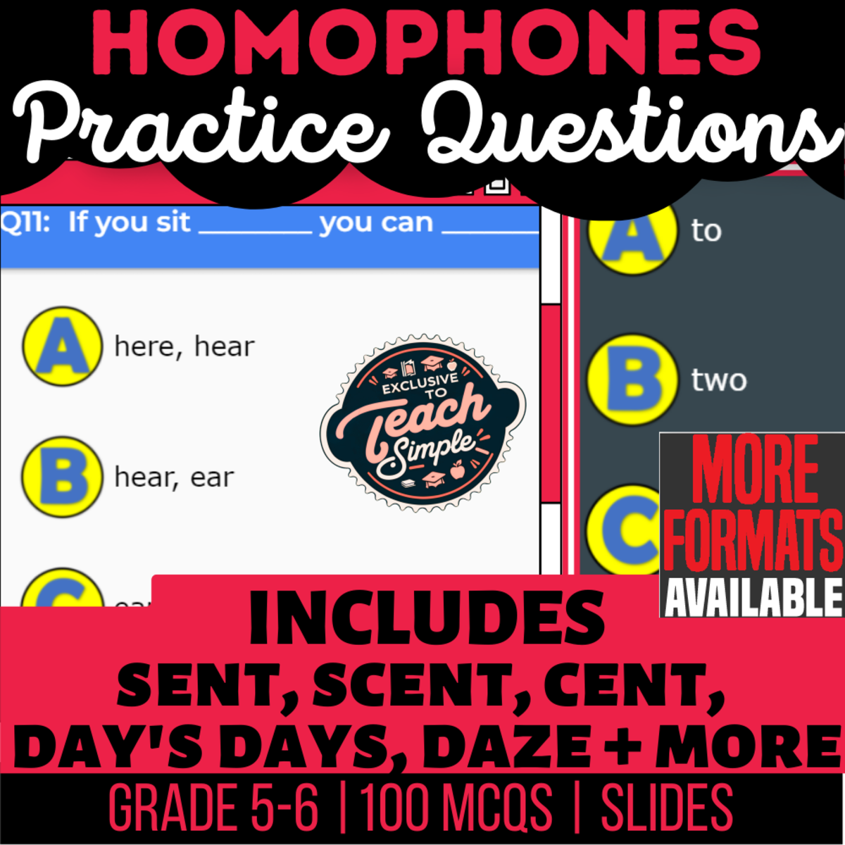 An educational teaching resource from Cored Education entitled Homophones Practice Questions - Vocabulary Grade 5-6 (Slides) downloadable at Teach Simple.