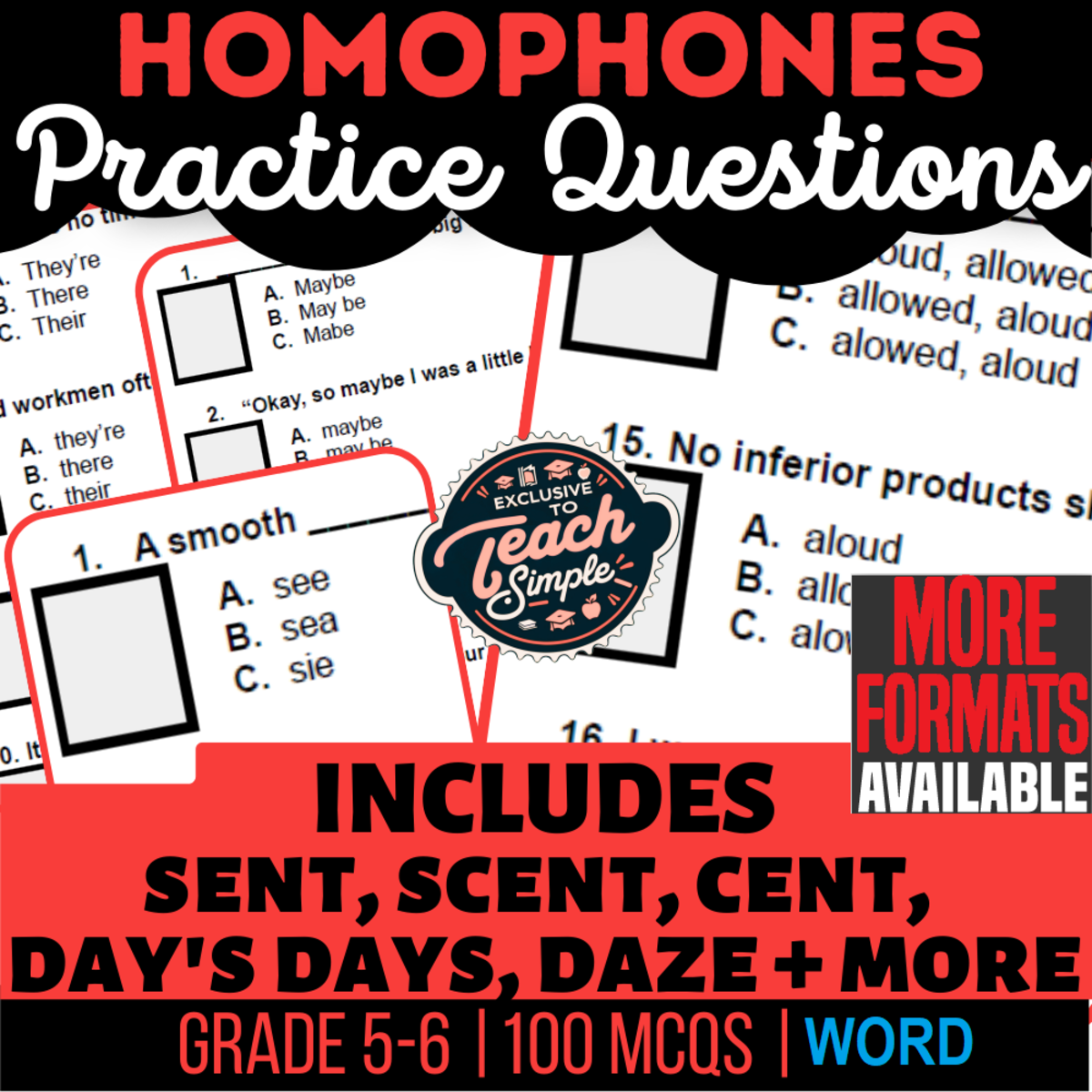 An educational teaching resource from Cored Education entitled Homophones Practice Questions - Vocabulary Grade 5-6 (Word) downloadable at Teach Simple.