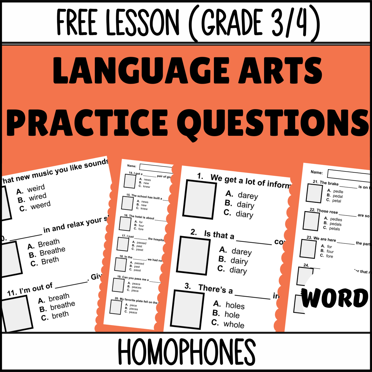 An educational teaching resource from Cored Education entitled Homophones Sample - Vocabulary Grade 3-4 (Word) downloadable at Teach Simple.