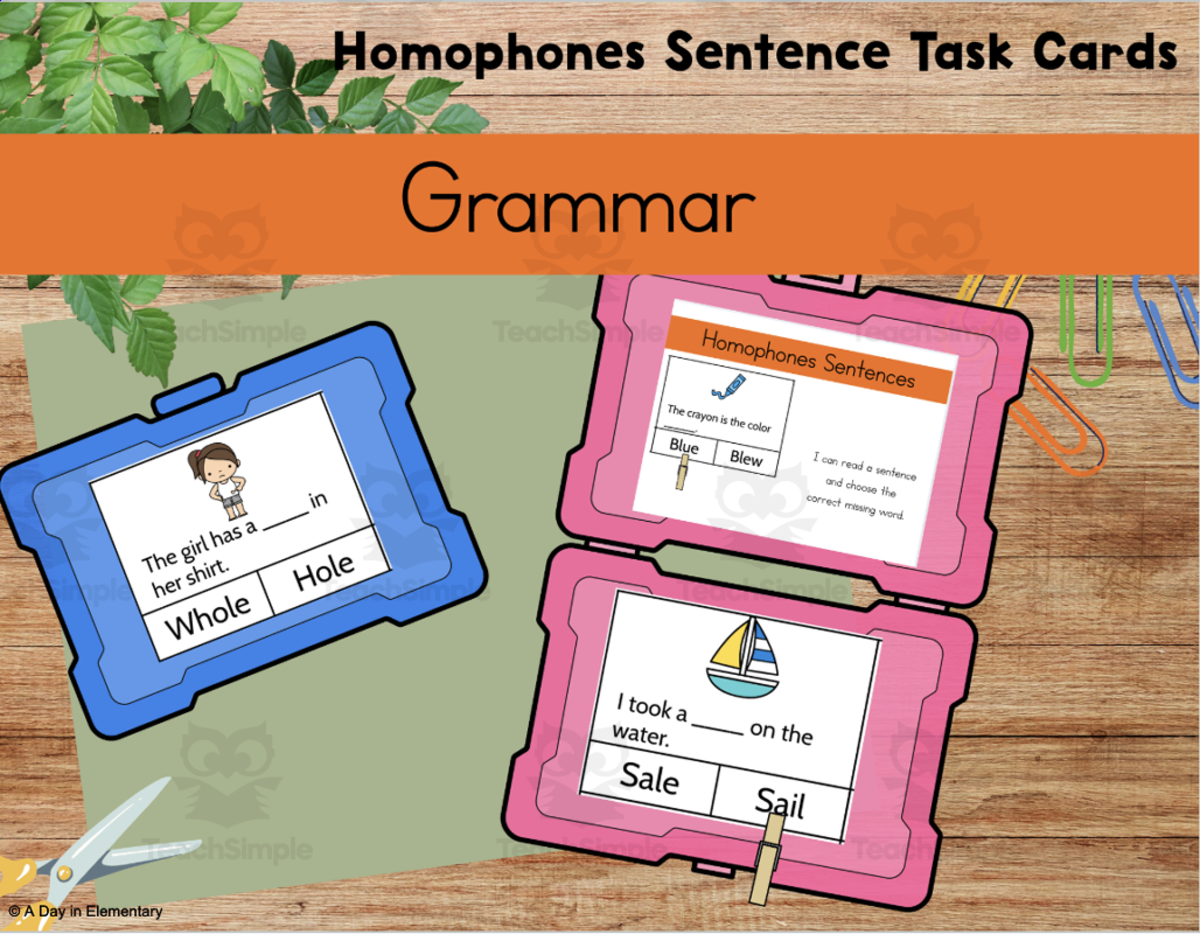 An educational teaching resource from A Day In Elementary entitled Homophones Sentence Task Cards downloadable at Teach Simple.