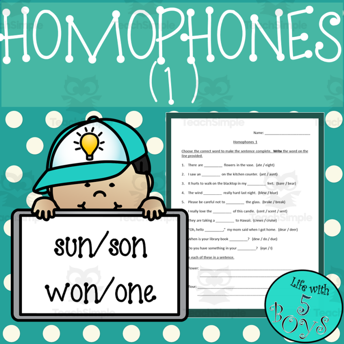 An educational teaching resource from Life with 5 Boys entitled Homophones Worksheet and Activity Set 1 downloadable at Teach Simple.