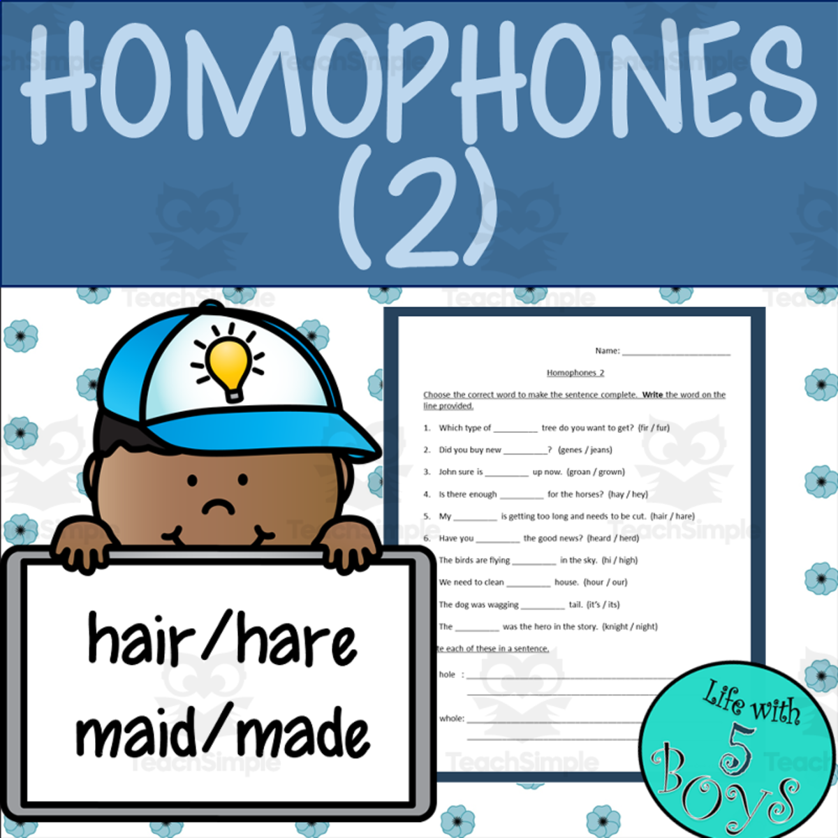 An educational teaching resource from Life with 5 Boys entitled Homophones Worksheet and Activity Set 2 downloadable at Teach Simple.