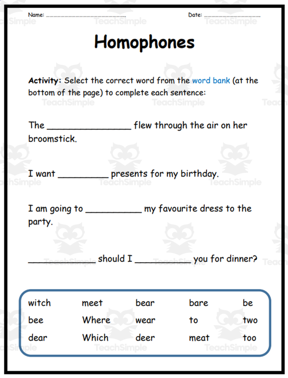 An educational teaching resource from Elementary Resources 4 U entitled Homophones Worksheet Set downloadable at Teach Simple.