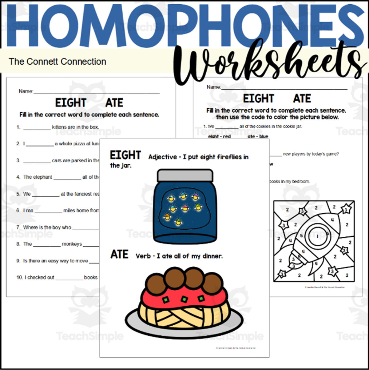 An educational teaching resource from The Connett Connection entitled Homophones Worksheets: Ate Eight downloadable at Teach Simple.